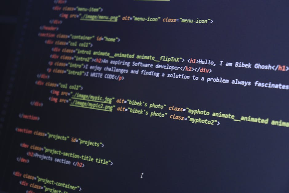 A computer screen displaying lines of code in a text editor, with HTML tags such as <DOCTYPE html>, <html>, <head>, <title>, and <body>. The code includes metadata like c